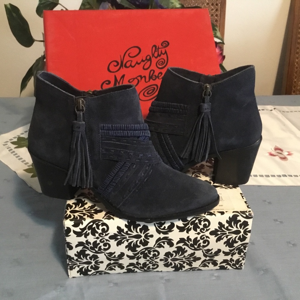 naughty monkey Navy Suede Tassel Ankle Booties